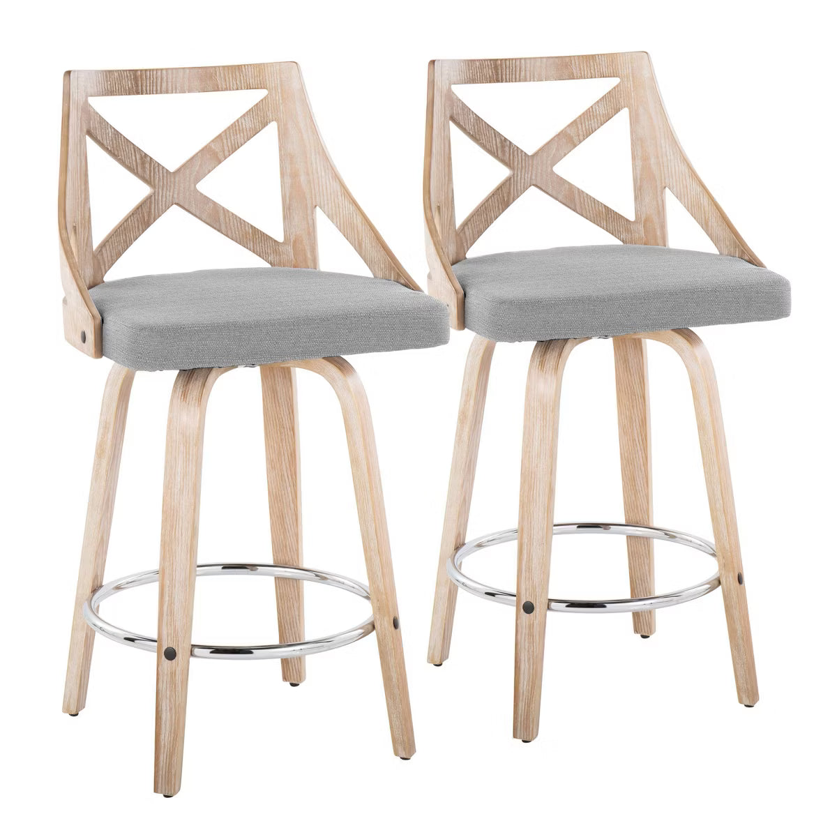 Set of 2 Charlotte Counter Height Barstools White Wash/Light Gray