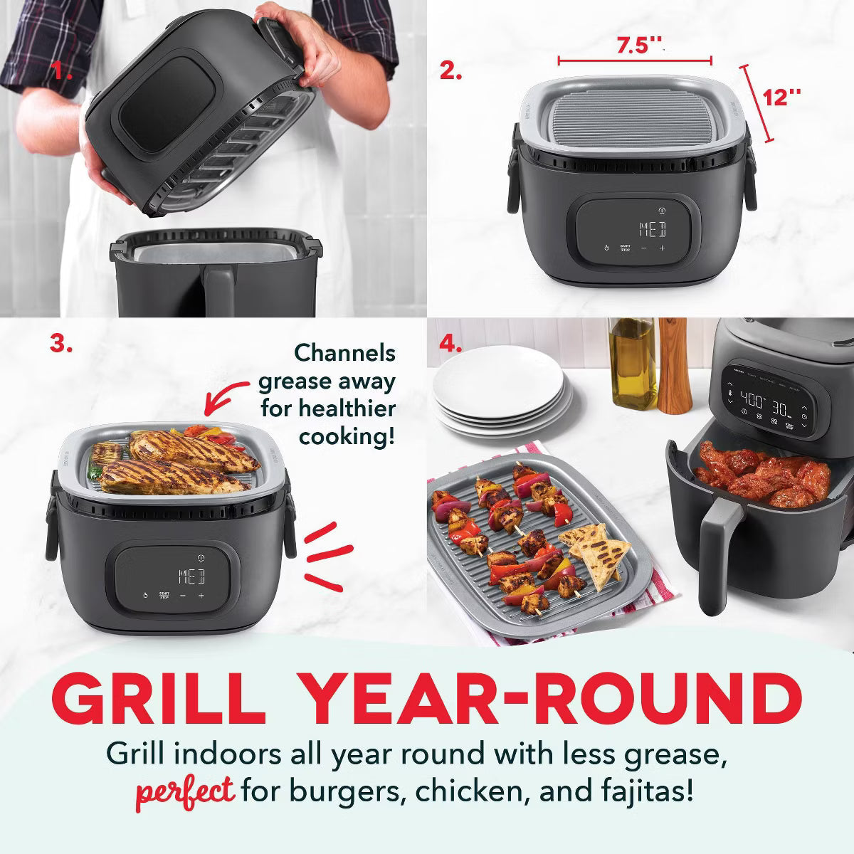 Air Fryer – 7qt Flip and Fry Digital 2-in-1 Grill + Air Fryer – Gray