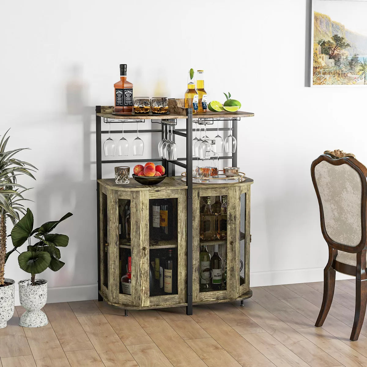 Bar Cabinet – Culinvaro Corner Bar Cabinet Industrial Liquor Wine Cabinet with Glass Holder & Mesh Doors