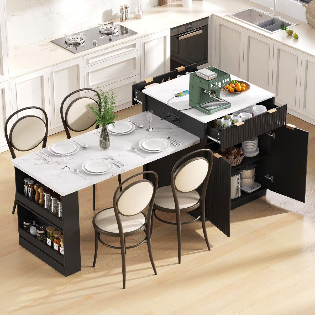 Extendable Kitchen Island Storage Dining Table with 2 Drawers