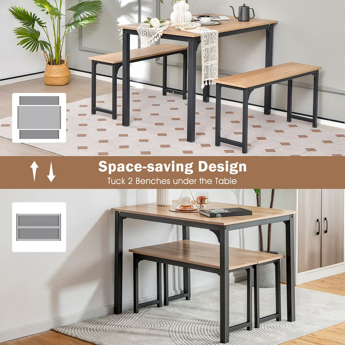 Modern 3 PCS Dining Table Bench Set w/ Metal Frame & Wooden Tabletop Natural