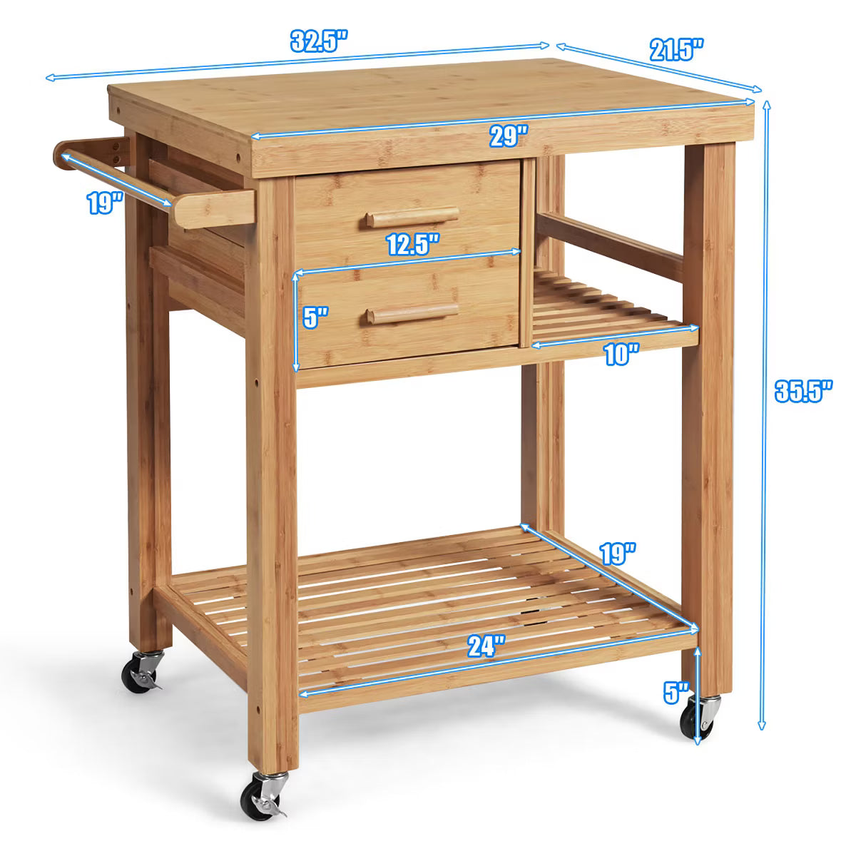 Kitchen Cart – Culinvaro Bamboo Kitchen Trolley Cart Wood Rolling Island w/ Tower Rack & Drawers