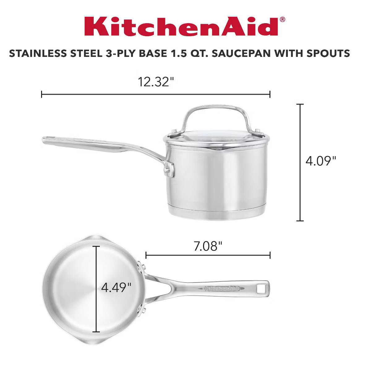 Saucepan – 3-Ply Base 1.5qt Open Saucepan with Spouts – Silver
