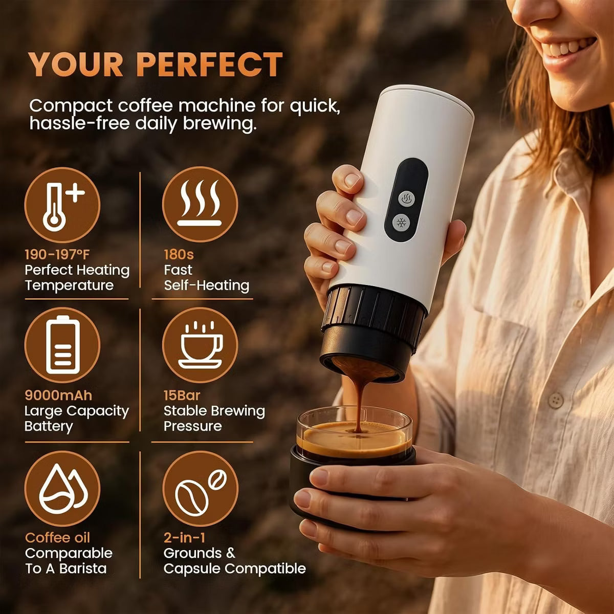 Espresso Maker – Culinvaro Portable Espresso Maker with Self Heating - 15 Bar Electric Travel Coffee Machine, 2-in-1