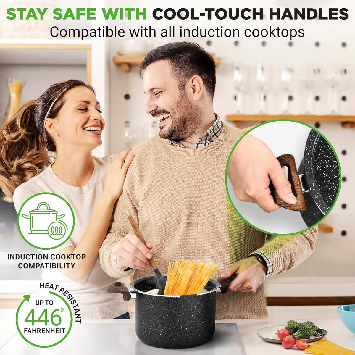 Stock Pot – 5.1qt Non-Stick Aluminum Pasta Pot with Strainer Lid – White