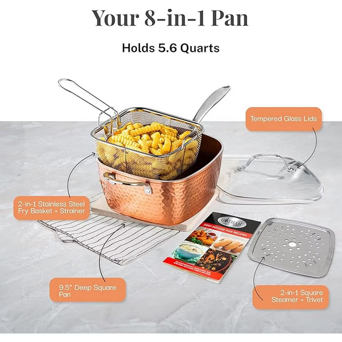 Saute Pan – 9.5" Ceramic Nonstick Deep Square Saute Pan with Lid – Copper