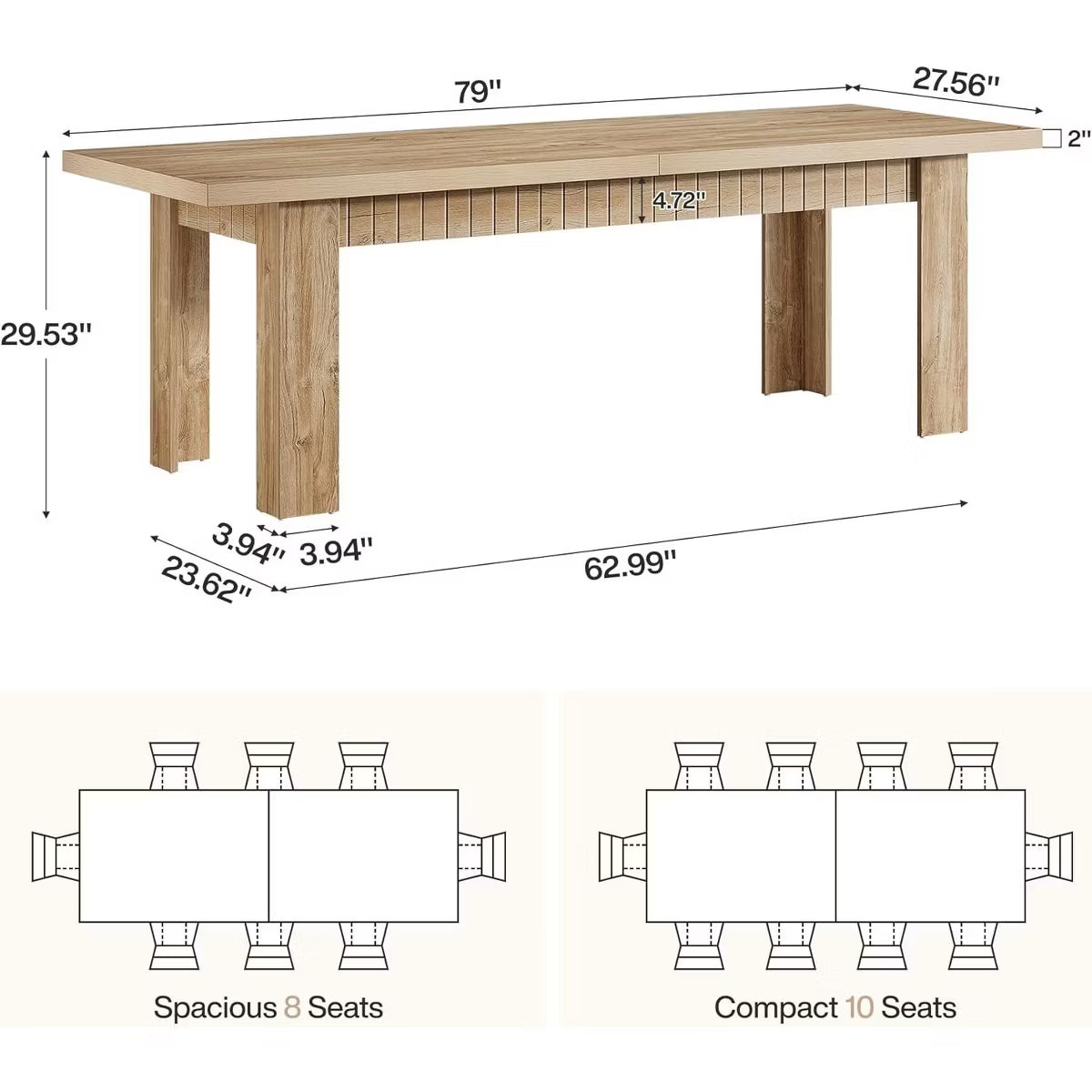 Dining Table – Culinvaro 79" Dining Table for 6-8 People, Rectangular Wooden Kitchen Dinner Table