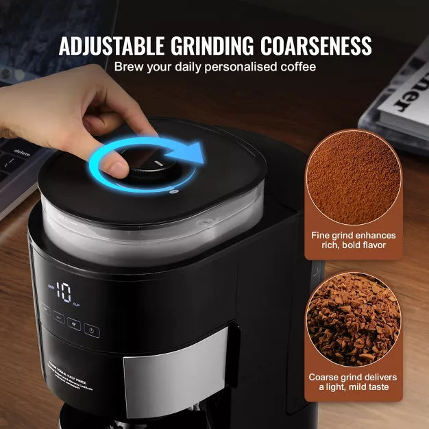 Drip Coffee Maker – Coffee Maker with Grinder, 10 Cup Coffee Machine – Black