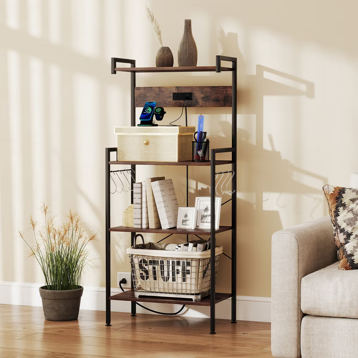 Baker's Rack – Culinvaro y Kitchen Baker's Rack with Charging Station Industrial Coffee Bar Shelf with 8 Movable Hooks