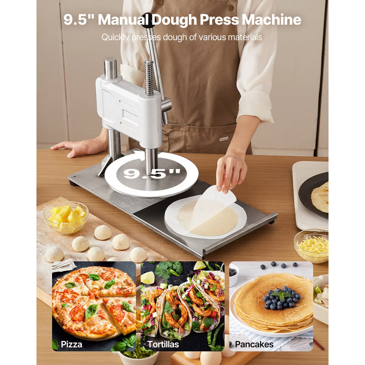 Kitchen Mold – Manual Pizza Dough Press Machine, 9.5 inch Pizza Pastry Press Plate – Silver