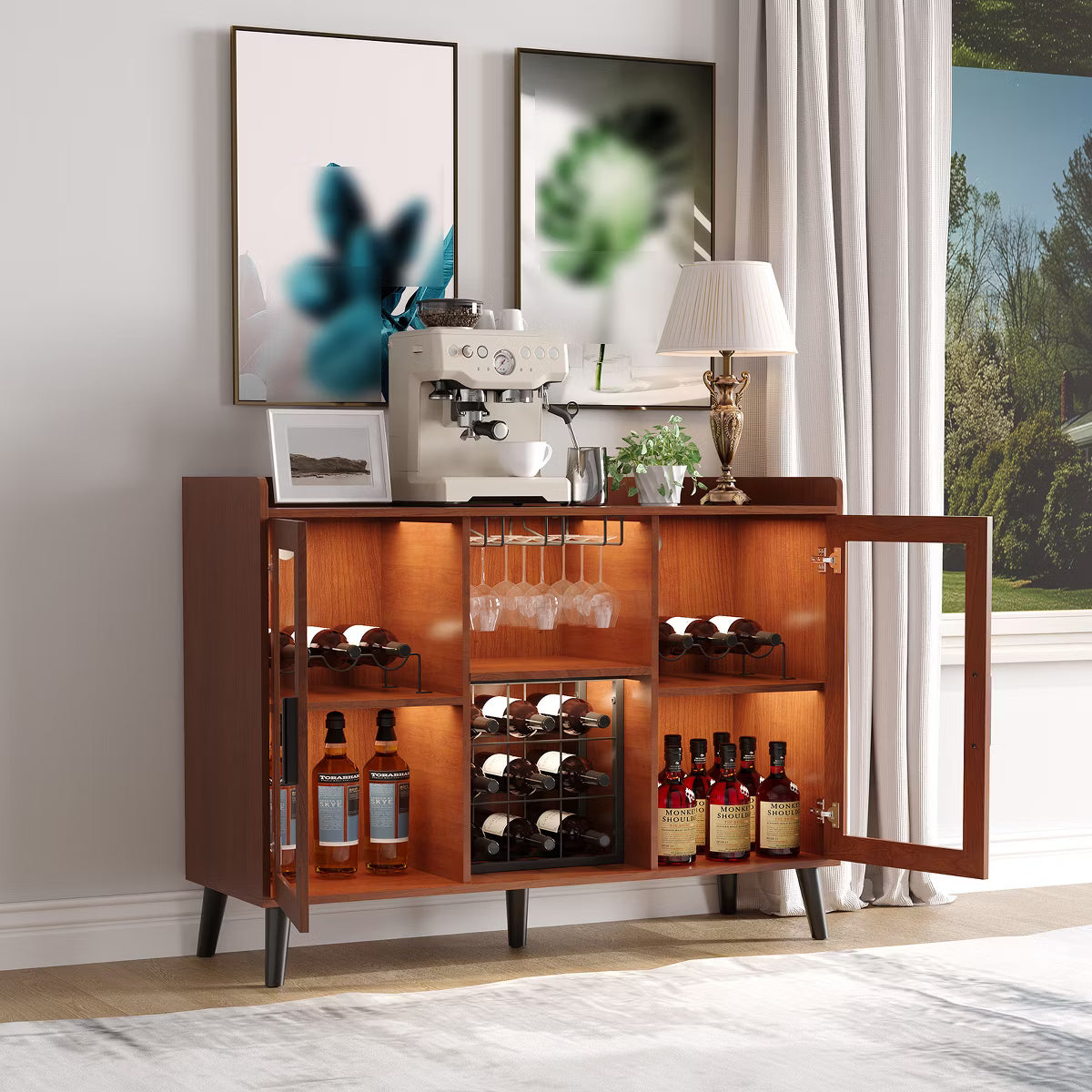 47" Coffee Bar Cabinet with Wine Rack, Wooden Sideboard Buffet Cabinet