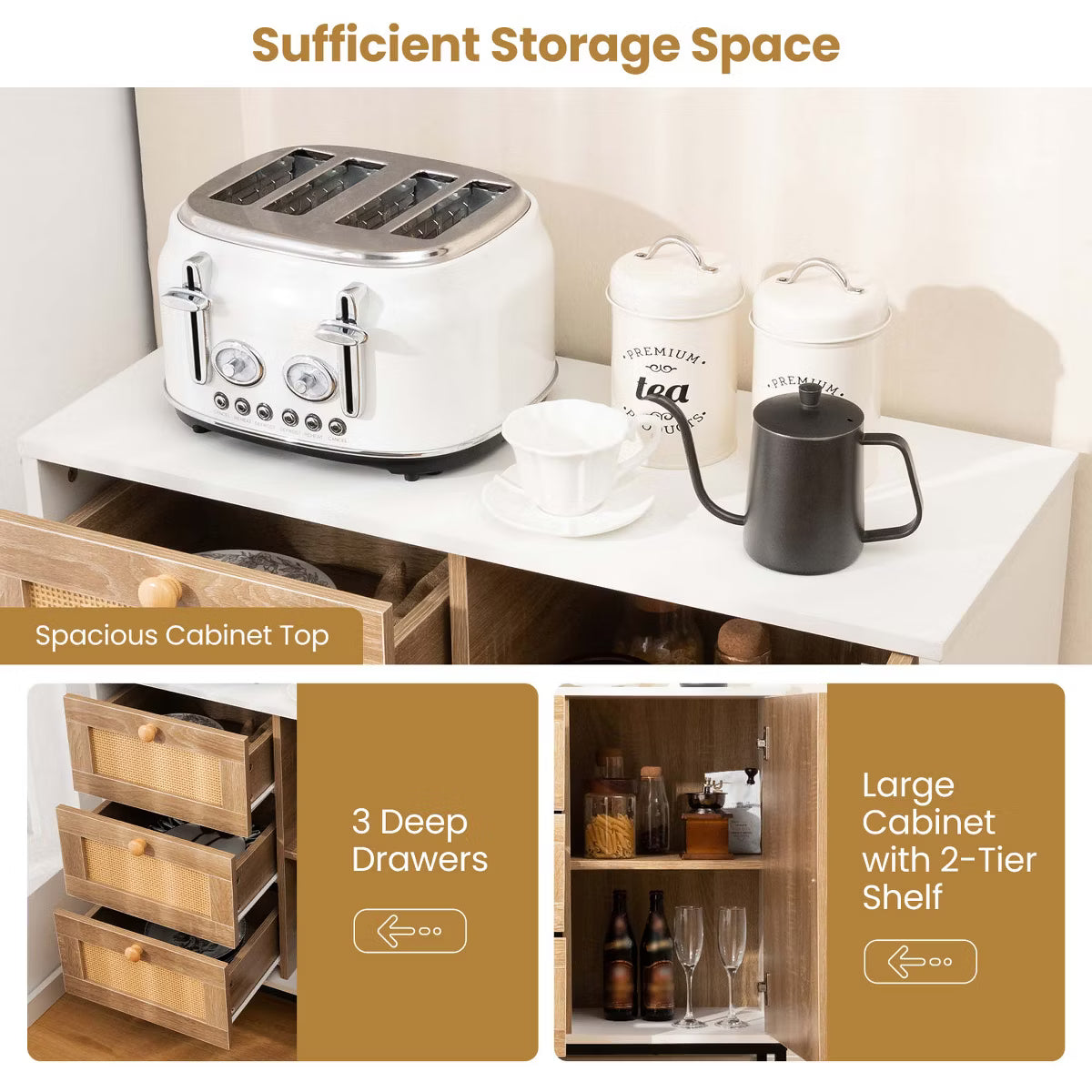 Buffet Cabinet – Culinvaro Rattan Buffet Sideboard with 3 Drawers & 1 Door Sturdy Metal Legs Storage Cabinet