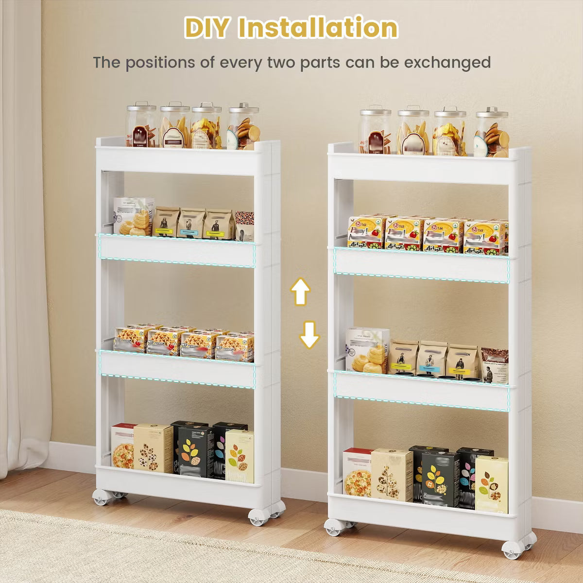 Utility Cart – Culinvaro 4-Tier Rolling Utility Cart with Detachable Trays and Smooth Wheels for Kitchen 15.5” × 9” × 40.5”(L × W × H)