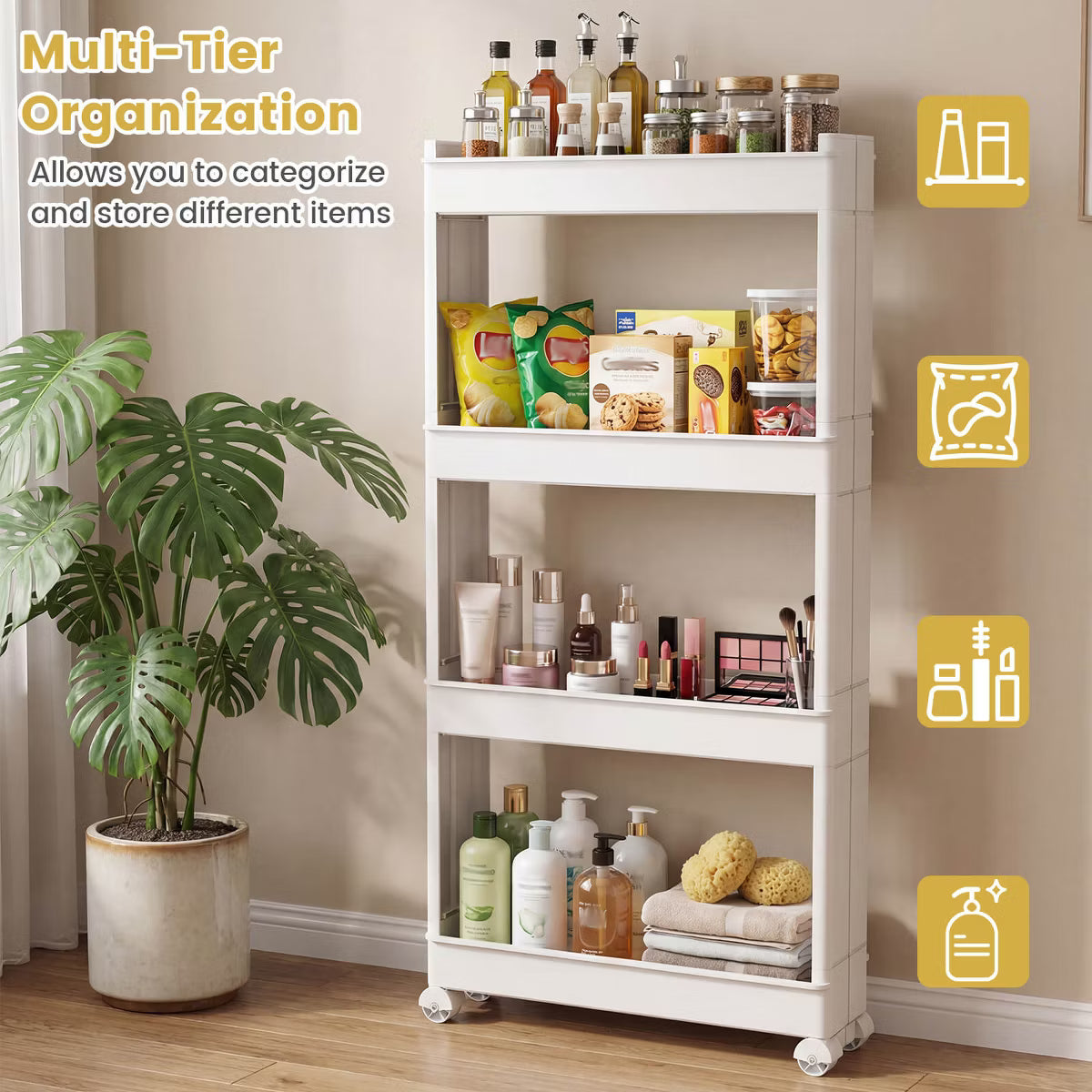 Utility Cart – Culinvaro 4-Tier Rolling Utility Cart with Detachable Trays and Smooth Wheels for Kitchen 15.5” × 9” × 40.5”(L × W × H)