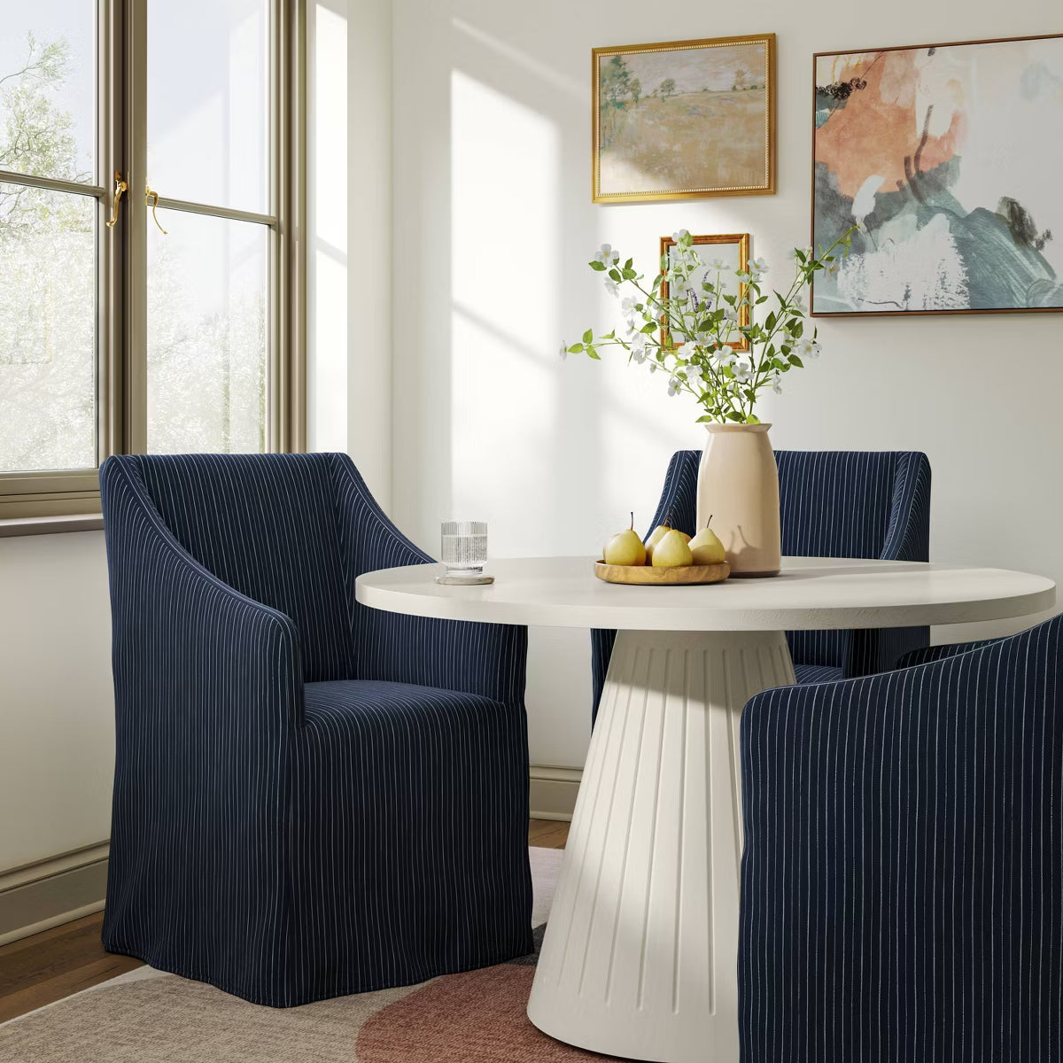 Lucy Traditional Sloped Arm Slipcover Dining Chair in Pinstripe
