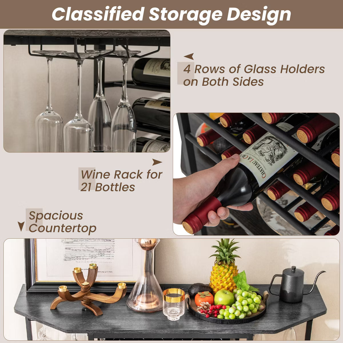3 Tier Bar Cabinet with Storage Shelves Glass Holders Bottle Racks Gray