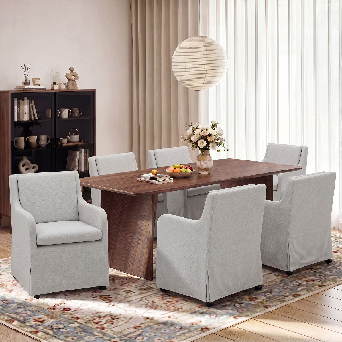 Set of 6 Upholstered Dining Chairs with Casters, Removable Seat Cushion