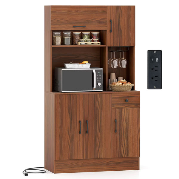 Pantry Cabinet – Culinvaro 66" Pantry Cabinet Tall Kitchen Storage Cabinet with Charging Station Brown