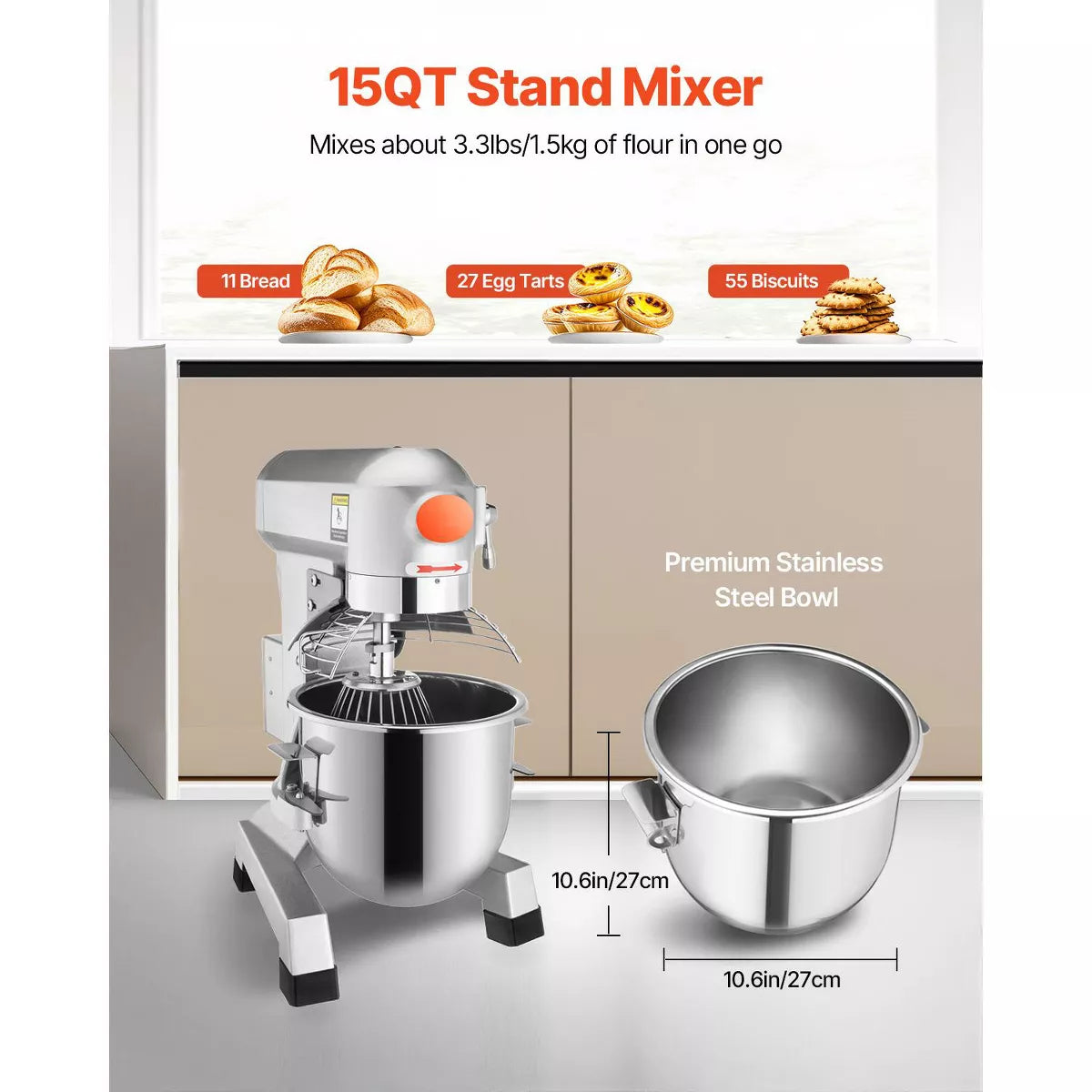 Stand Mixer – Commercial Food Mixer 15Qt 600W 3 Speeds Adjustable 110/178/390 RPM – Silver