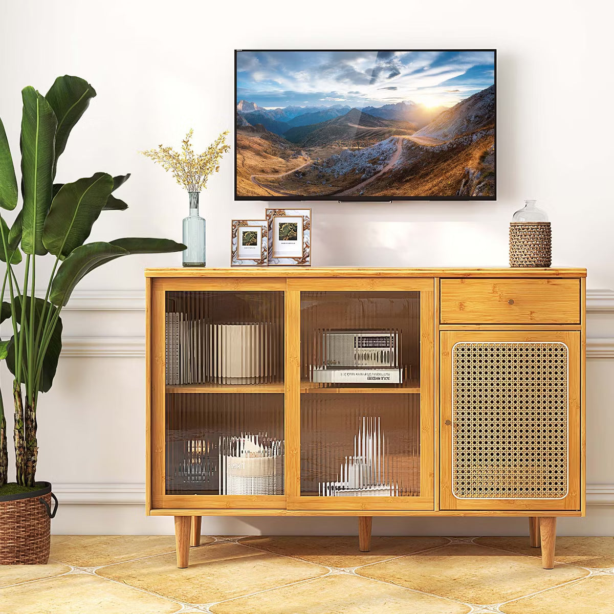 Buffet Cabinet – Culinvaro Buffet Sideboard Cabinet Rattan Console Table with Sliding Doors Storage Drawer