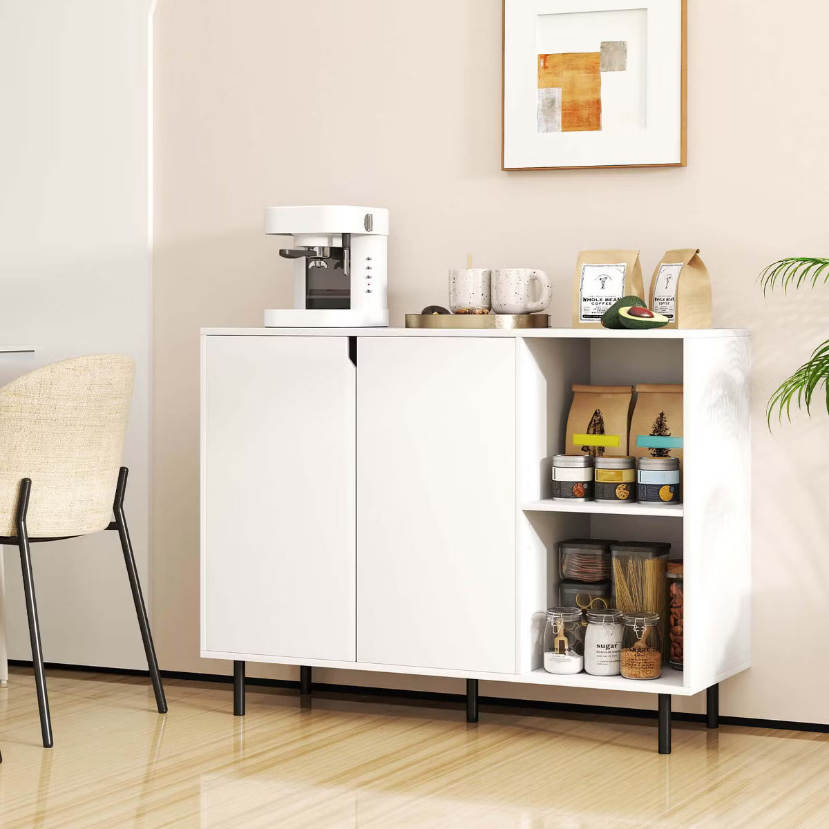 Buffet Cabinet – Culinvaro Kitchen Sideboard Buffet with Adjustable Shelves 2 Doors Sturdy Metal Legs White
