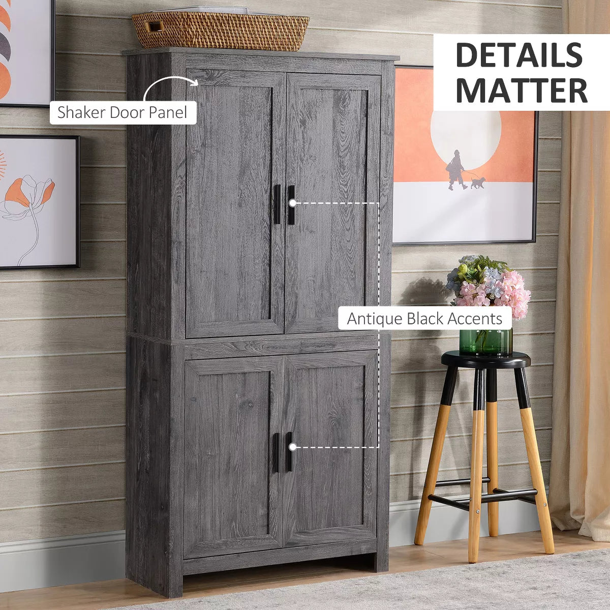 Pantry Cabinet – Culinvaro 4-Door Kitchen Pantry, Freestanding Storage Cabinet with 3 Adjustable Shelves for Kitchen, Dining or Living Room, Gray
