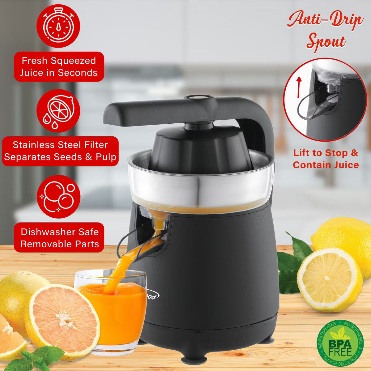 Juicer – 80-Watt 1-Speed Electric Citrus Juicer with Ergonomic Lever – White