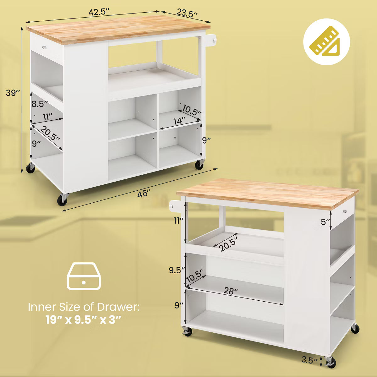 Kitchen Island – Culinvaro Kitchen Island Trolley Cart on Wheels with Storage Open Shelves & Drawer White