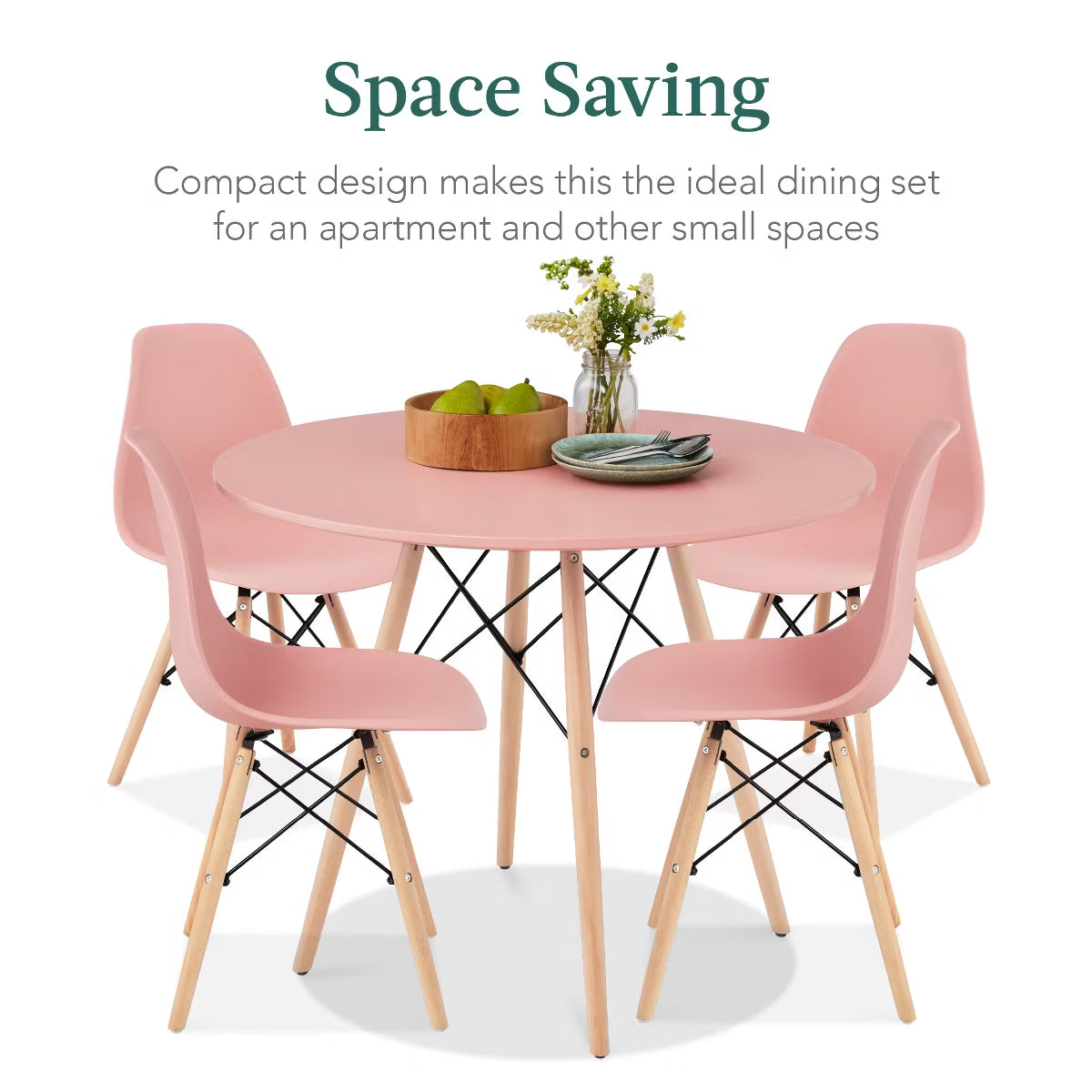Dining Set – Culinvaro 5-Piece Compact Mid-Century Modern Dining Set w/ 4 Chairs" Pink/Oak