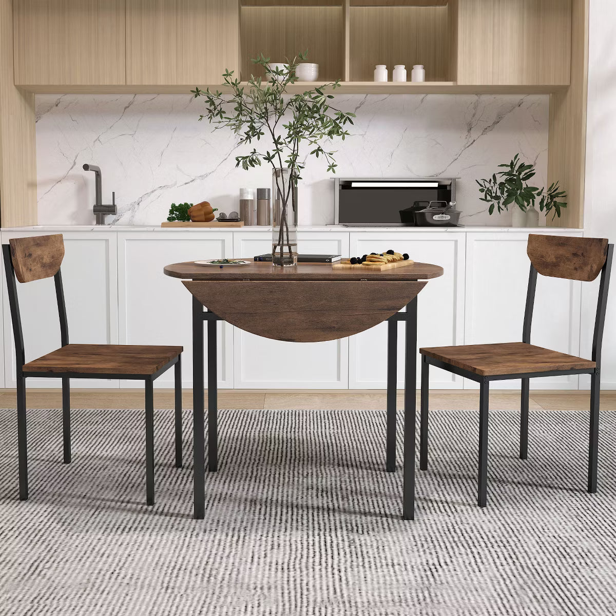 3 Pieces Metal Round Dining Table Set with Drop Leaf