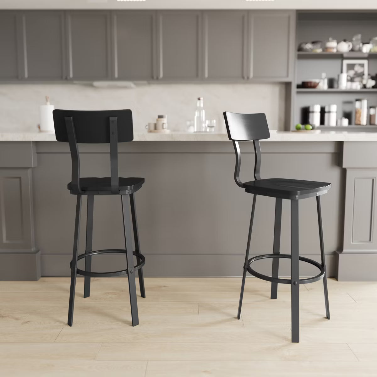 Black Dining Bar Stool with Wood Back/Seat and Black Powder-Coated Frame