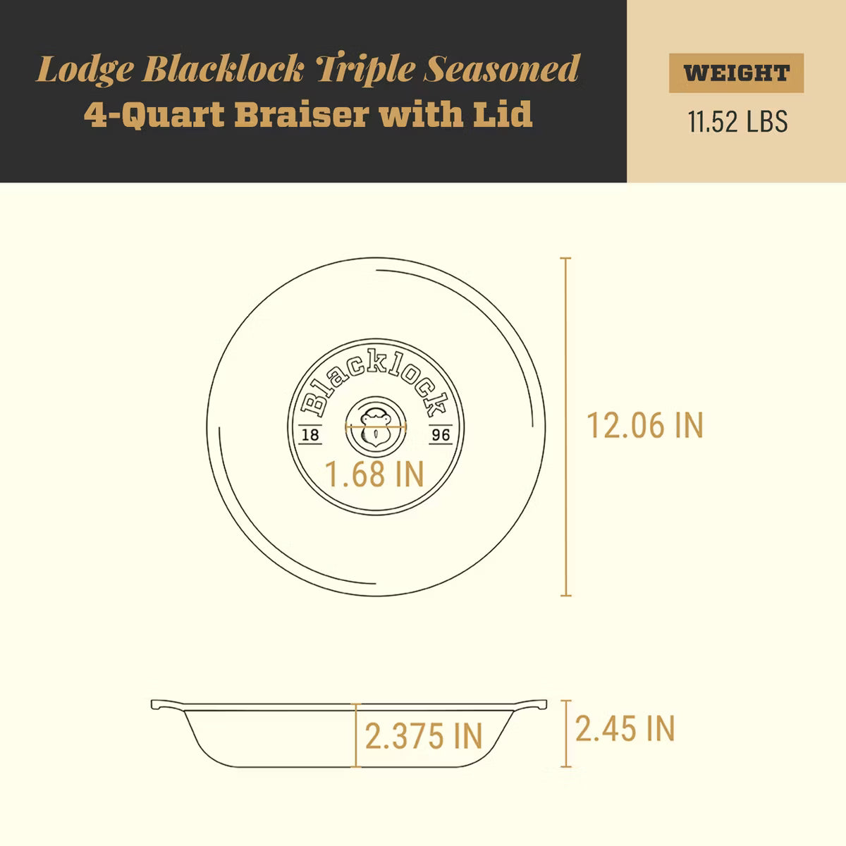 Dutch Oven – 17 Triple Seasoned Cast Iron Braiser with Lid – Black