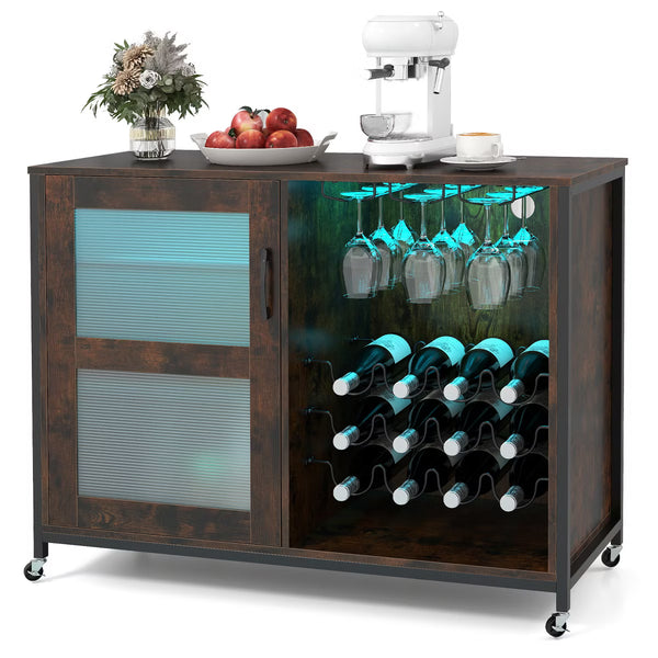Bar Cabinet – Culinvaro Bar Cabinet w/ Wheels LED Lights Storage Shelves Glass Holders Drinks Racks