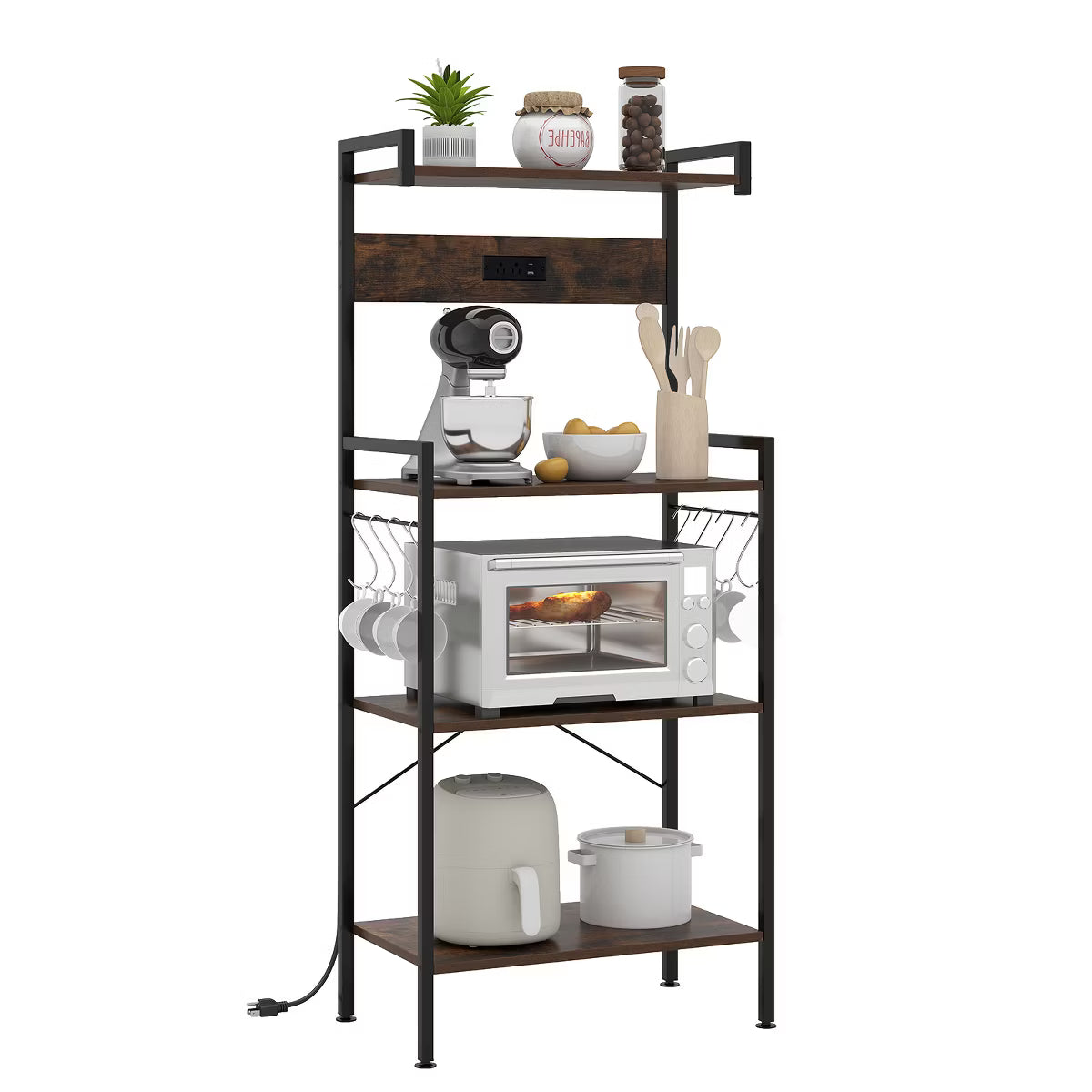 Baker's Rack – Culinvaro y Kitchen Baker's Rack with Charging Station Industrial Coffee Bar Shelf with 8 Movable Hooks