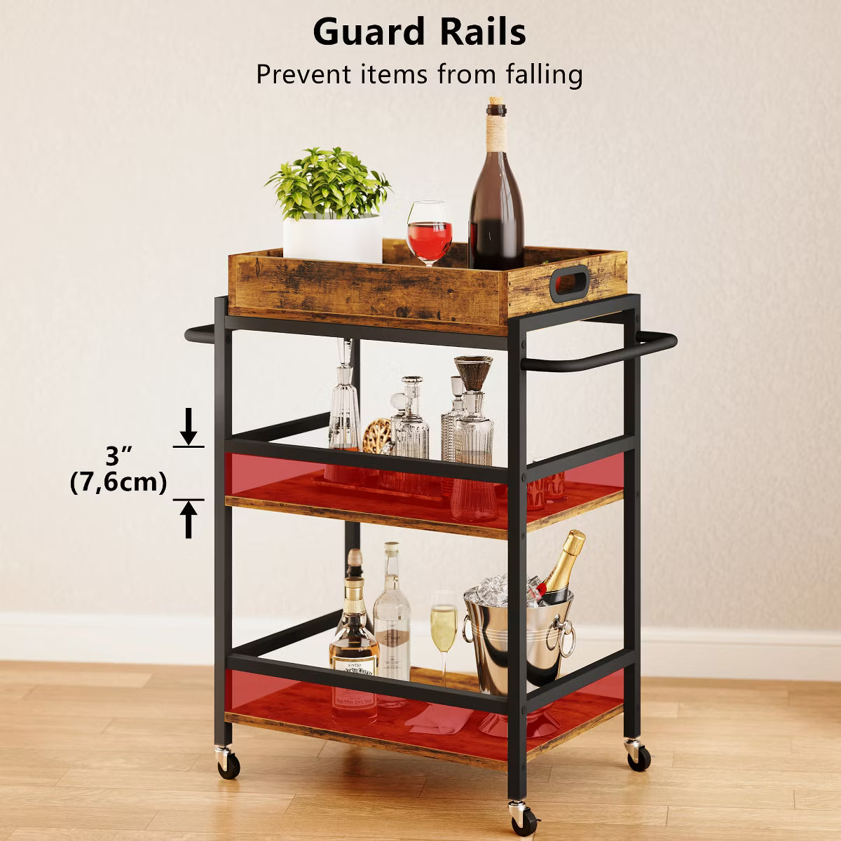 Bar Cart – Culinvaro 3-Tier Rolling Bar Cart, Metal Kitchen Serving Cart with Tray
