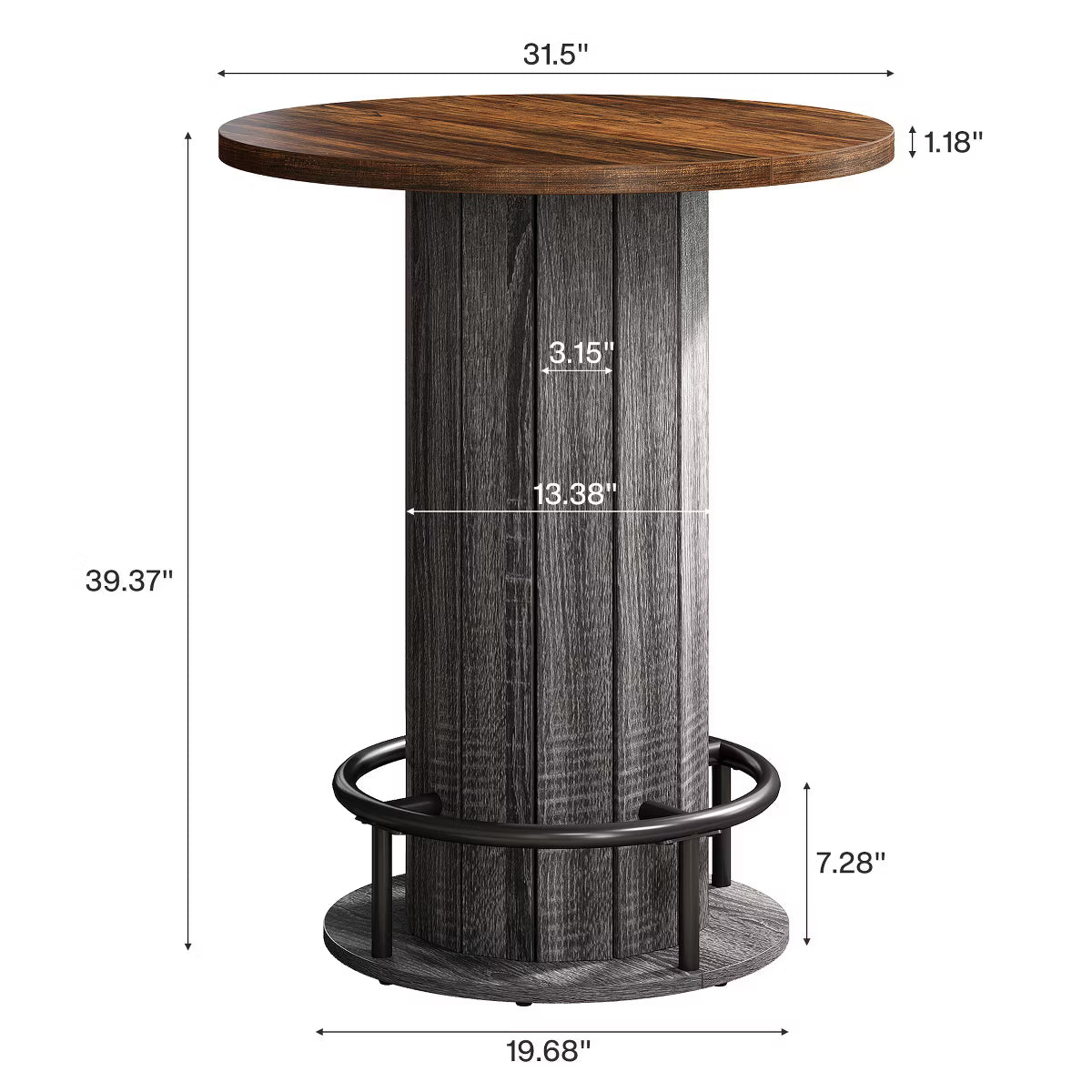 Wood Bistro Pub Table with Metal Ring Footrest for Dining Cocktail Living Room