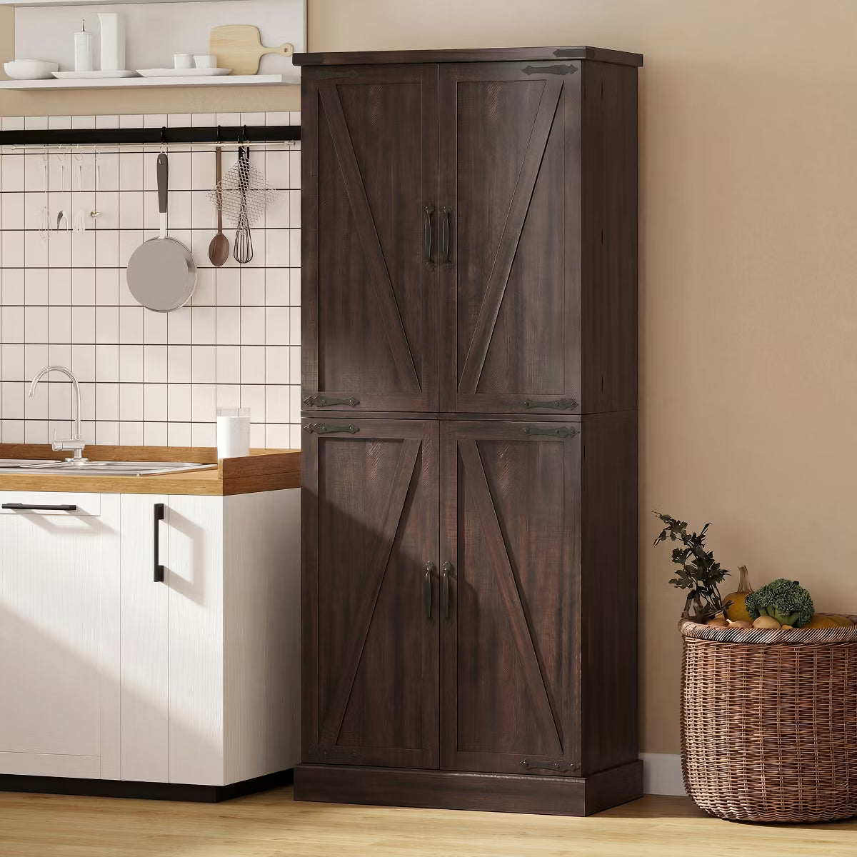Pantry Cabinet – Culinvaro 72" Tall Kitchen Pantry Cabinet, Farmhouse Storage Cabinet with 8 Door Racks