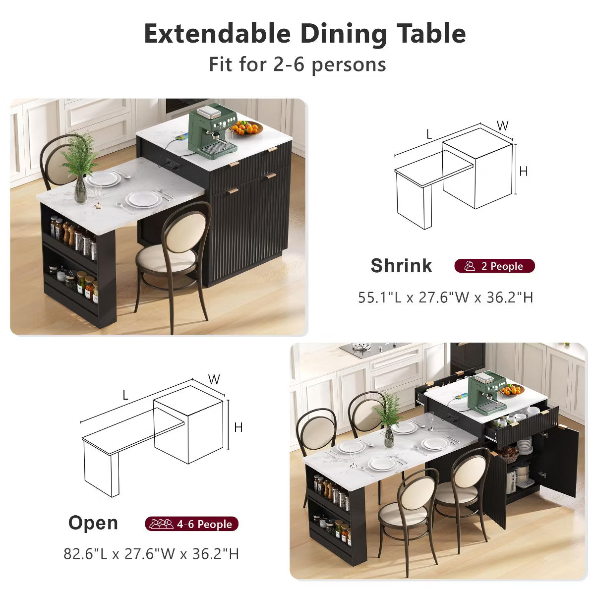 Extendable Kitchen Island Storage Dining Table with 2 Drawers
