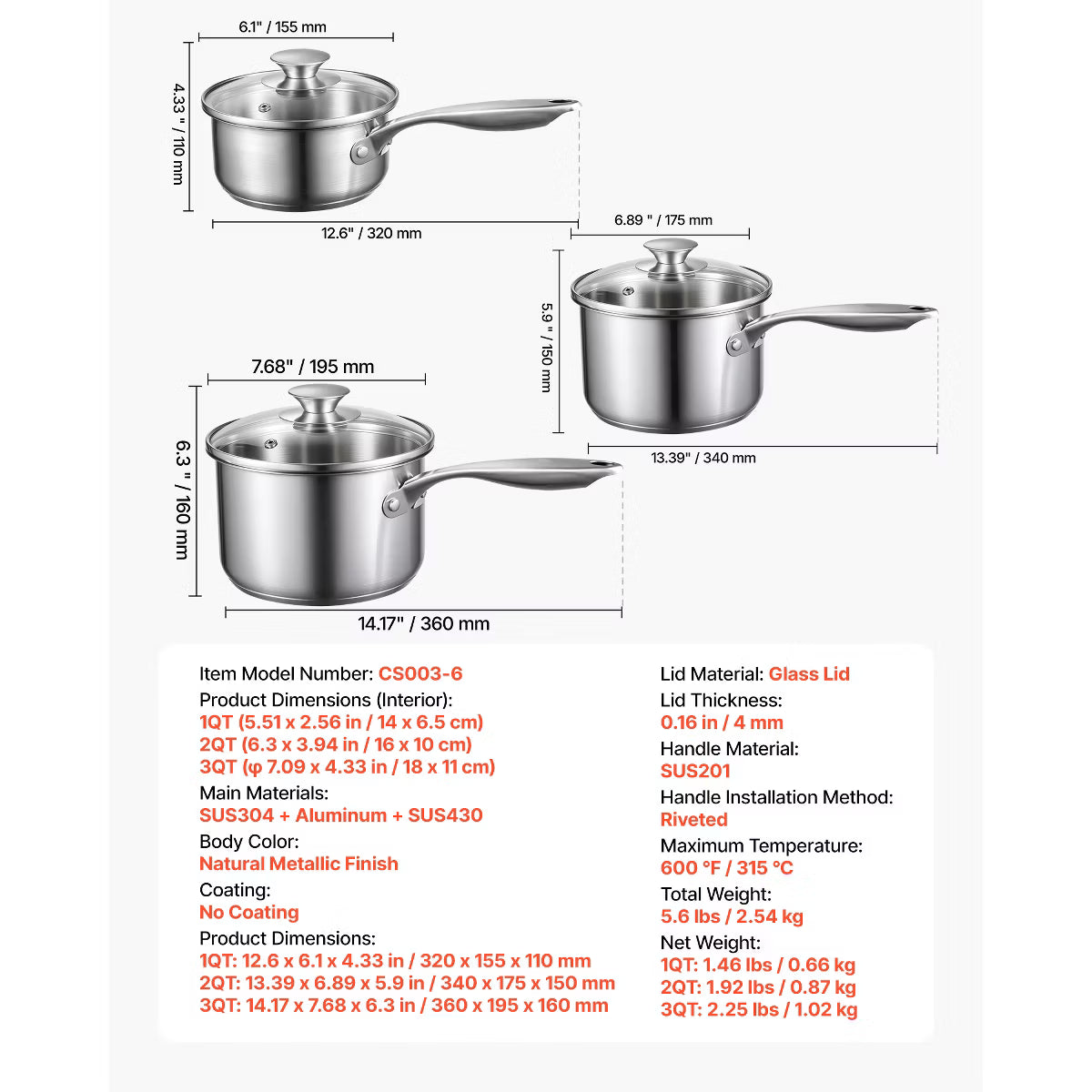 Saucepan – Sauce Pan Set with Glass Lids 1 QT 2 QT 3 QT, 3-Piece – Silver