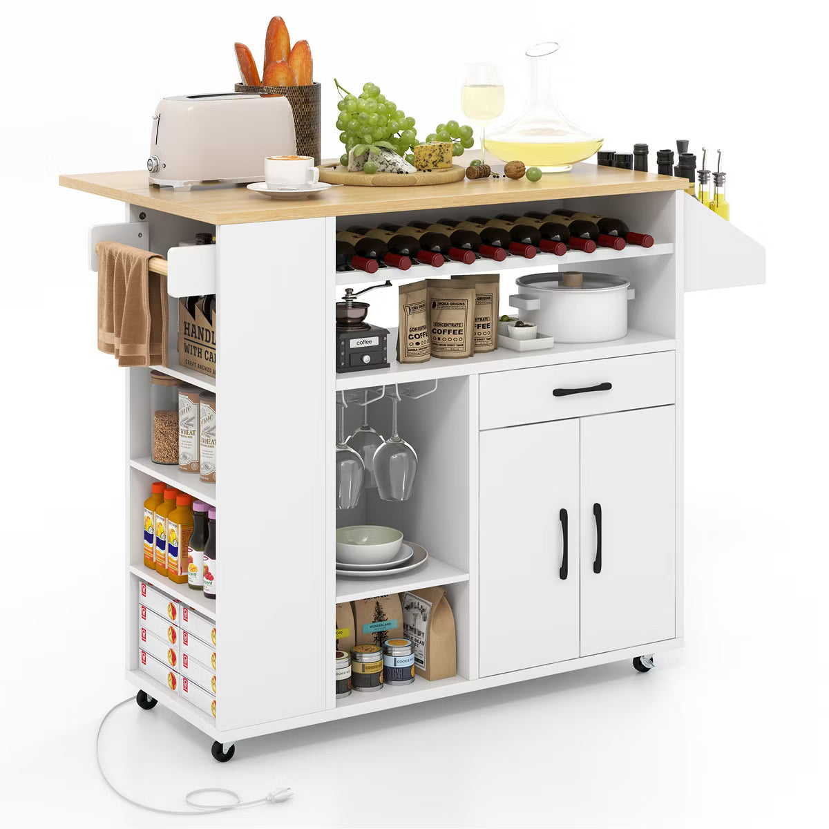 Kitchen Island – Culinvaro Leaf Kitchen Island Cart w/ Power Outlet Drinks Rack Glass Holder Drawer