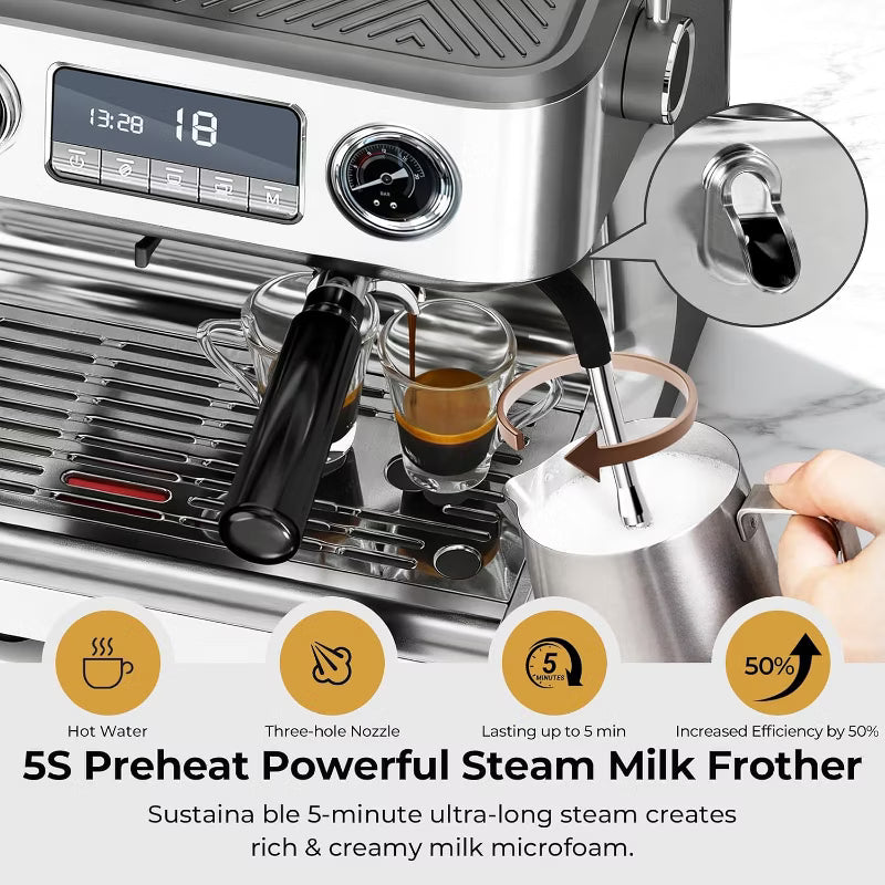 Espresso Machine – 20 Bar Programmable Expresso Coffee Machines with 30 Grinder Setting – Silver