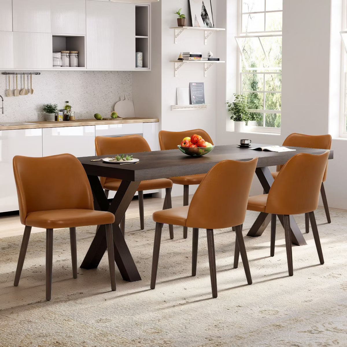 Set of 6 Wood Ergonomic Curved Dining Chairs – Modern Upholstered Chair for Kitchen
