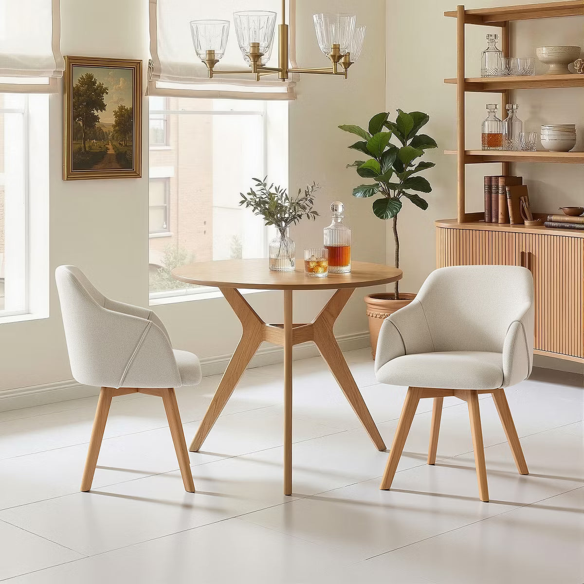 Swivel Dining Chairs Set of 2, Linen Upholstered Armchairs with Solid Wood Legs