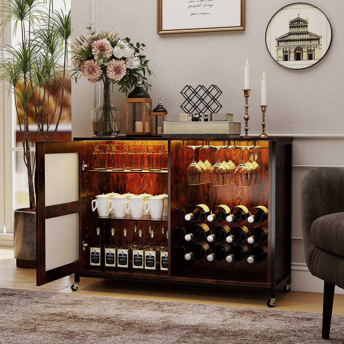 Bar Cabinet – Culinvaro Bar Cabinet w/ Wheels LED Lights Storage Shelves Glass Holders Drinks Racks