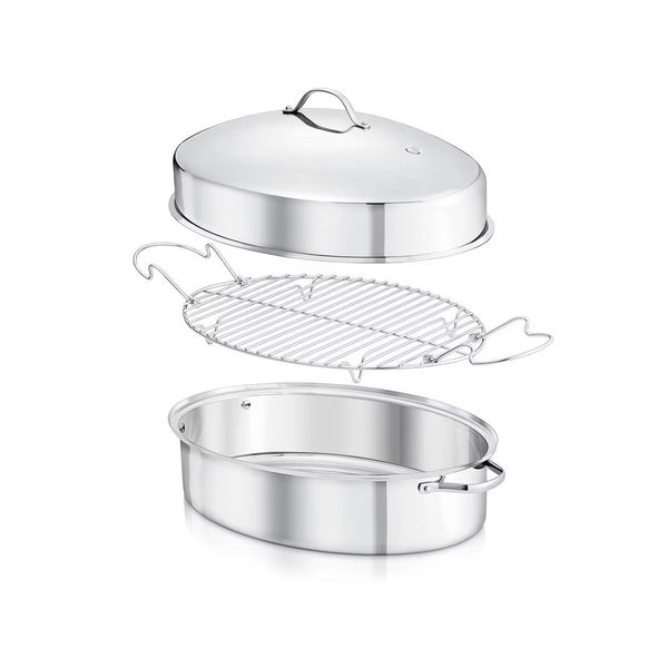 Roasting Pan – Oval Roasting Pan, Roaster with Polished Rack – Silver