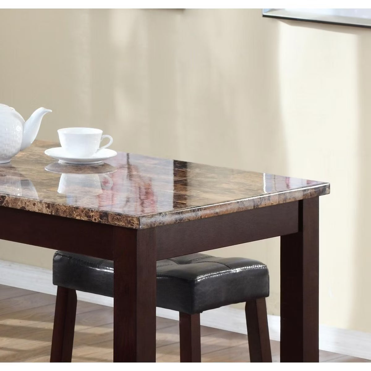 3-Piece Counter Height Glossy Print Marble Breakfast Table with Stools