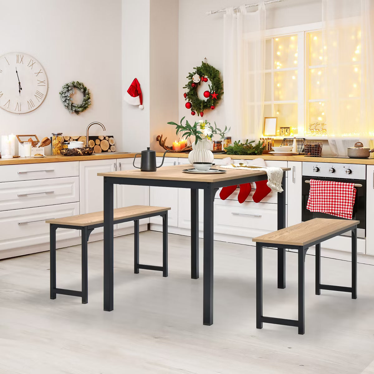 Modern 3 PCS Dining Table Bench Set w/ Metal Frame & Wooden Tabletop Natural