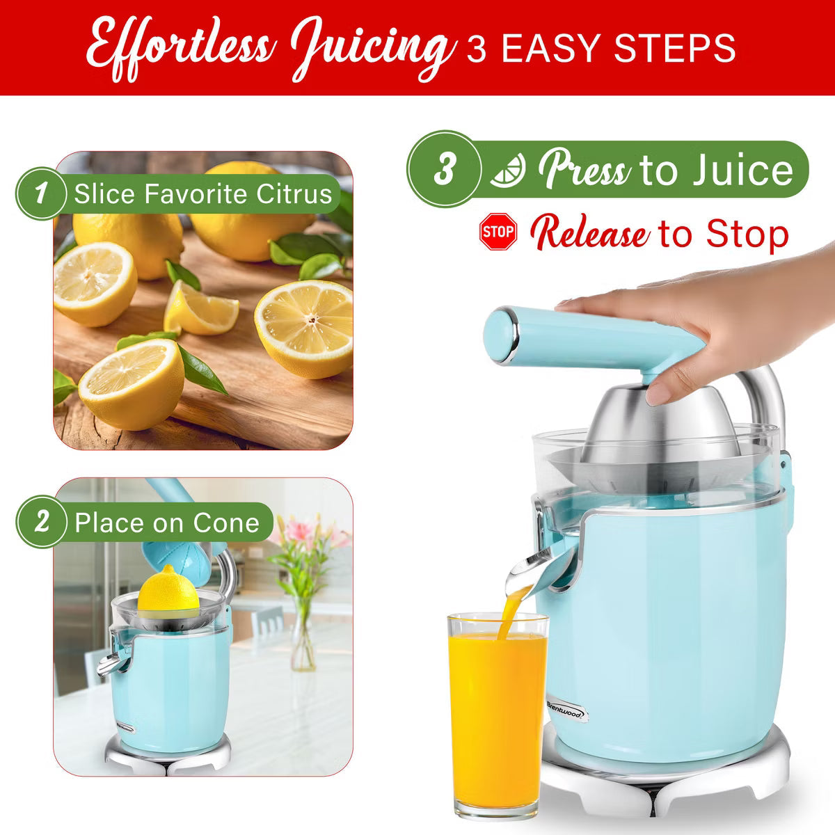 Juicer – 200-Watt 1-Speed Electric Citrus Juicer with 2 Cones and Lever – Sky Blue