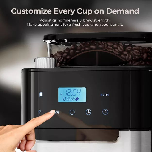Drip Coffee Maker – 10-Cup Digital Drip Coffee Maker with Built-In Grinder – Black