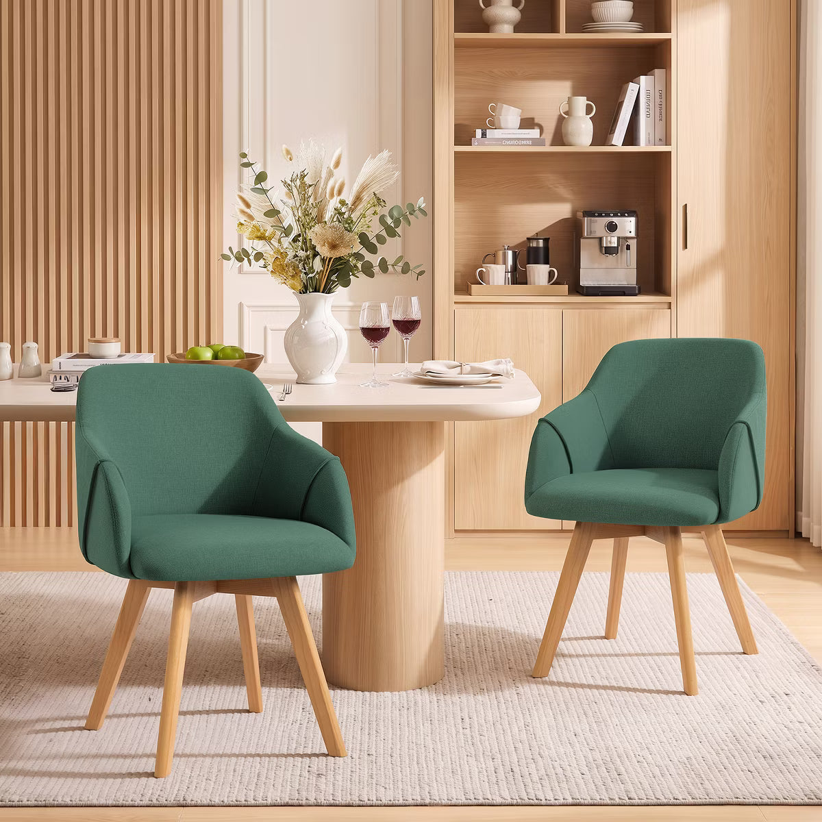 Swivel Dining Chairs Set of 2, Linen Upholstered Armchairs with Solid Wood Legs